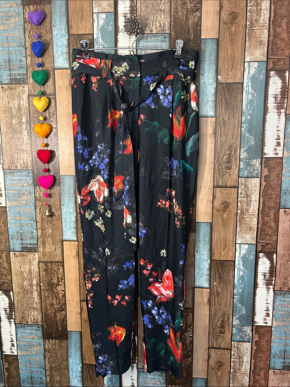 Express Black Floral Tie-Waist Wide-Leg Pants